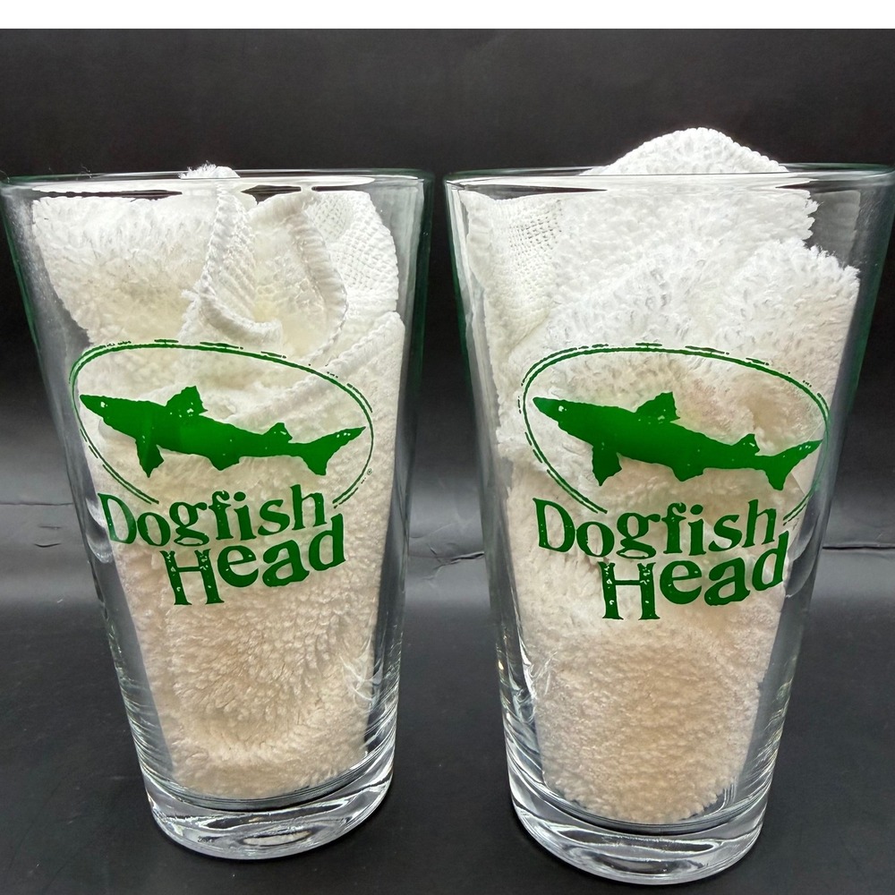 Dogfish Head Brewery Pint Glass Set of 2 Green Shark Logo Off-Centered‎ Ales 6in